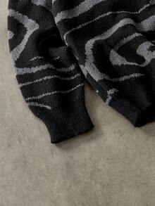 Manfinity Hypemode 大码男士休闲拼色波浪纹毛衣，秋冬 - 黑色 - 查看 4