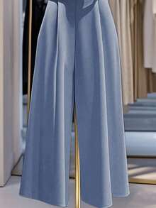 Franclia 女士优雅褶皱宽松阔腿连体裤，简约纯色 - 藍色 - 查看 3