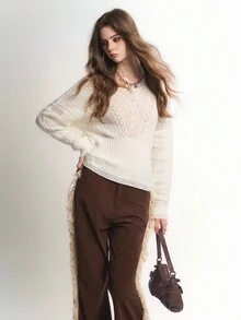 Bloopia Retro Bohemian Chic Casual Personalized Minimalist V-Neck Drop Shoulder Hollow Knit Sweater For Women, Autumn/Winter, Halloween Design