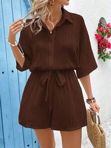 Vivid Eden Damen Lässig Alltags Pendler minimalistischer einfarbiger strukturierter Stoff Loose Fit Gürtel Jumpsuit, Drop-Shoulder