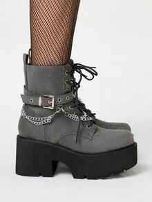 ROMWE Grunge Punk Giày bốt cao đến mắt cá chân đế dày phong cách Punk dành cho nữ, giày bốt chiến đấu đế xuồng trang trí bằng kim loại Gothic, thoải mái - Xám - Xem 3