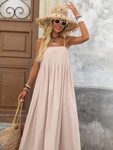 Brillora 纯色编织宽松细肩带连衣裙，女式，夏季 - 杏色 - 查看 4