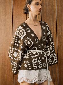 Chiquease 女式宽松刺绣钩针落肩长袖开衫 - 咖啡棕 - 查看 6