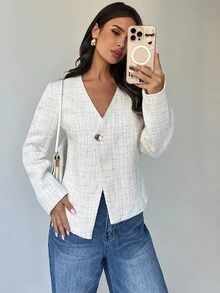 Firerie Women's Elegant White Tweed Short Jacket,Autumn Office V-Neck Metal Buckle Asymmetric Hem Long Sleeve Elegant Minimalist Commuter Urban Chic Casual - White - View 6