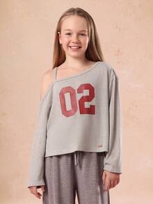 SUMWON Tween Girls Asymmetric One Shoulder Sweatshirt With Varsity Number Print And Striped Wide Leg Pants Co Ord Set For Fall Winter - Grey - View 3