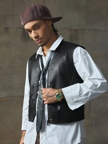 AXEPEAK 时尚百搭男士 PU 皮背心，秋冬 - 黑色 - 查看 1