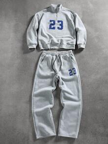 Manfinity Campus Court 男士休闲通勤学校运动风数字印花立领半拉链套头卫衣和抽绳腰运动裤套装，秋冬款 - 淺灰色 - 查看 1