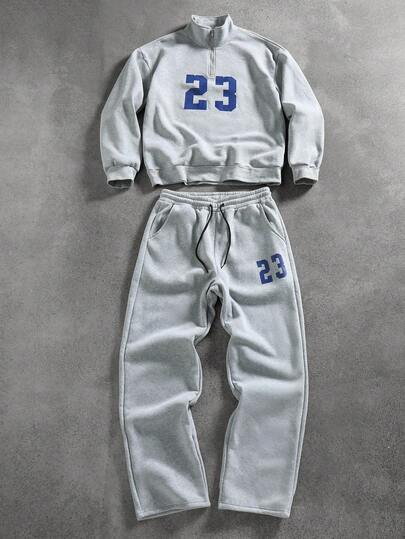 Manfinity Campus Court 男士休闲通勤学校运动风数字印花立领半拉链套头卫衣和抽绳腰运动裤套装，秋冬款