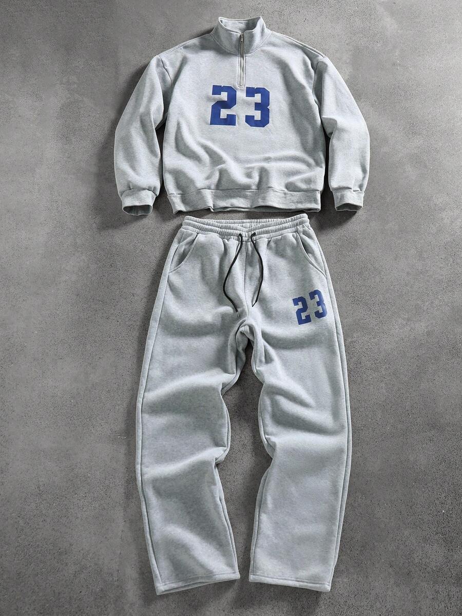 Manfinity Campus Court 男士休闲通勤学校运动风数字印花立领半拉链套头卫衣和抽绳腰运动裤套装，秋冬款 - 淺灰色 - 查看 1