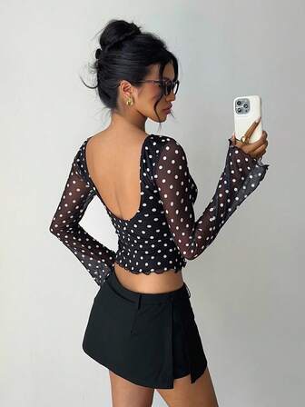 MainGRL Camiseta de manga larga con espalda descubierta y manga acampanada con estampado de lunares, nueva para otoño para mujer