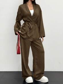 Siren Gaze Bộ đồ Kimono kẻ sọc thanh lịch thường ngày cho nữ, Áo khoác Blazer hai mảnh thời trang công sở đi làm, trang phục thu đông cho nữ - màu nâu - Xem 6