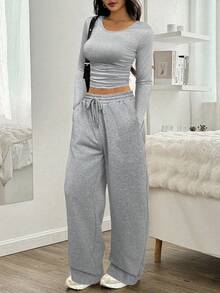 SHEIN EZwear 2pcs Women Solid Color Round Neck Long Sleeve T-Shirt And Pants Set - Grey - View 5