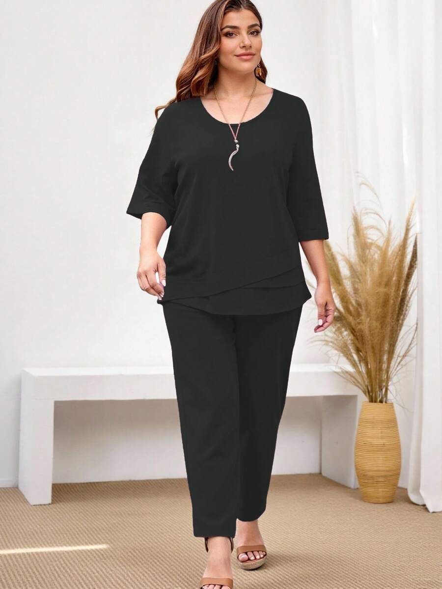 EMERY ROSE Plus Size Solid Color Crew Neck Wrap-Around Top & Wide Leg Pants Casual 2 Pieces Set,Summer Outfits For Women - Black - View 1