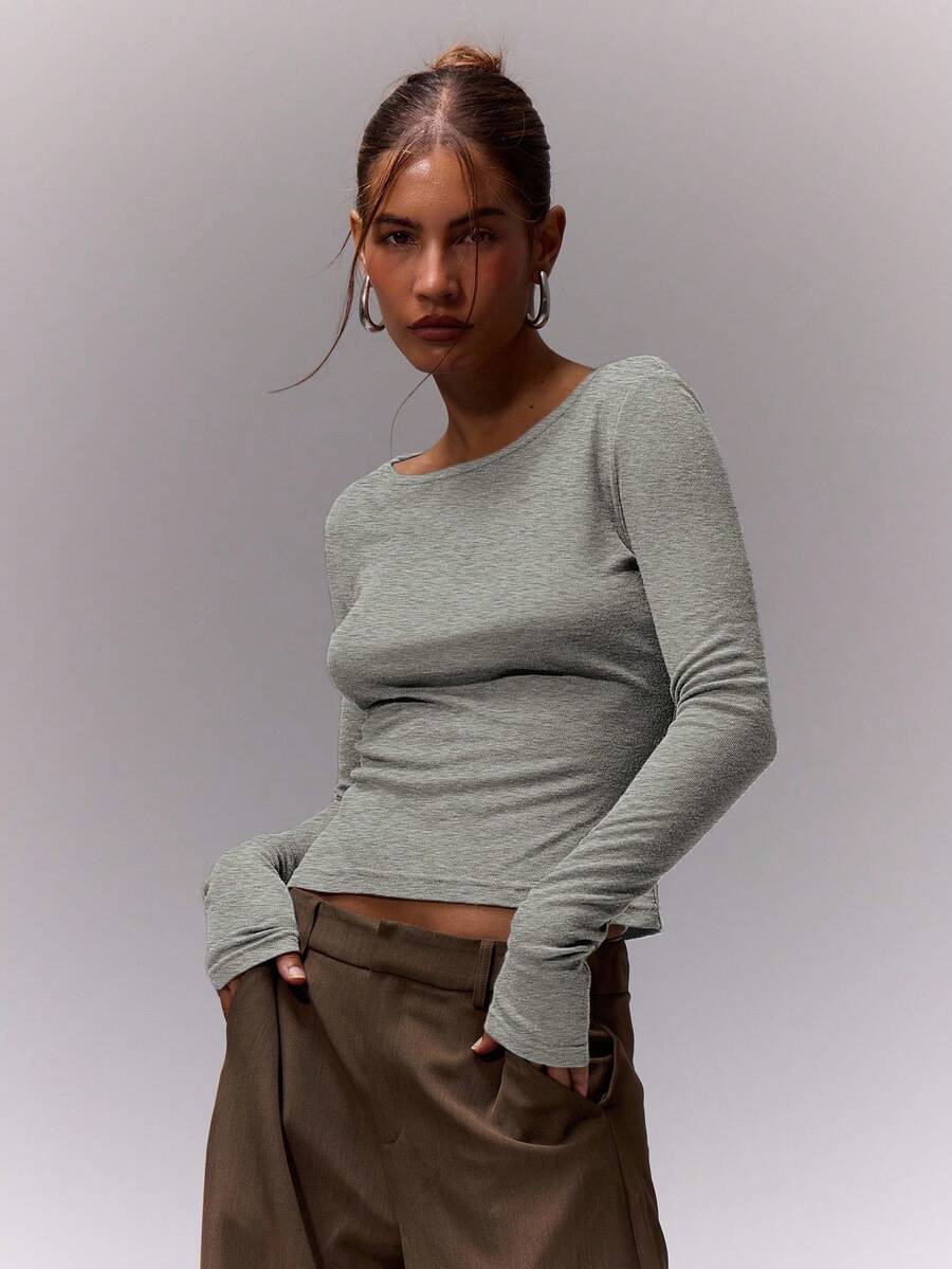 MUSERA 修身长袖上衣 休闲可爱 度假机场休闲返校秋冬优雅 - 淺灰色 - 查看 1