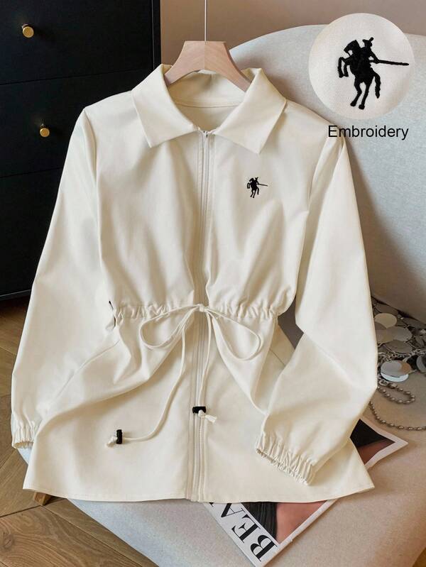 Modelyn Chaqueta regular elegante y de moda para mujer con bordado del logo del caballo de caballero, cuello vuelto, cintura ceñida, manga larga, cremallera
