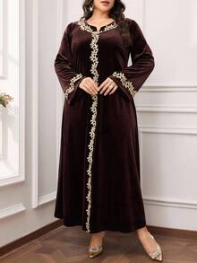 Al Najma Vestido elegante de estilo árabe con aplicaciones decorativas, de manga larga y holgado para mujer de talla grande - Café integral - Ver 7
