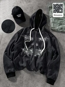 Manfinity EMRG Men's Streetwear Hooded Sweatshirt,Black And Silver Rhinestone Smiling Face Pattern Zip Up Hoodie,Unisex Graphic Sweatshirt,Autumn,Streetwear,Rave - Black - View 1