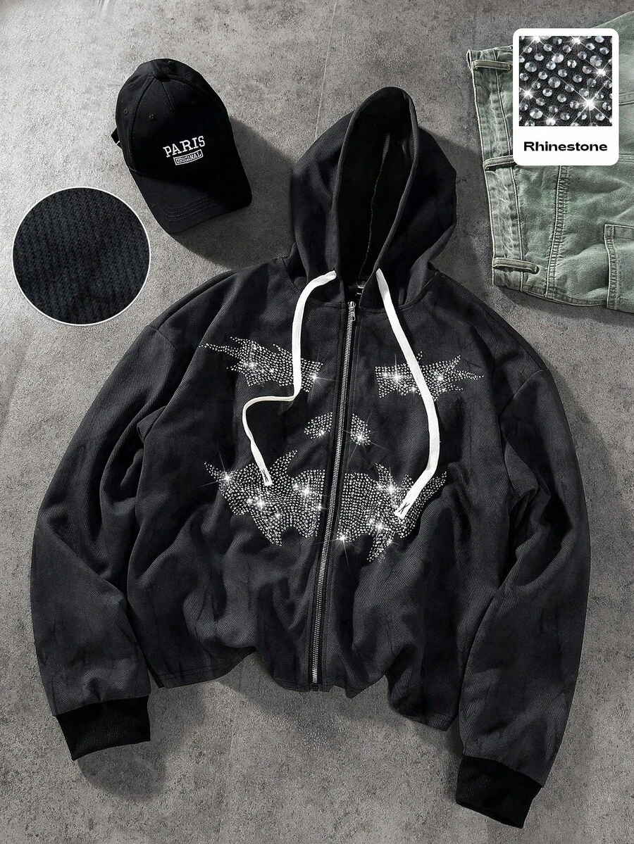 Manfinity EMRG Men's Streetwear Hooded Sweatshirt,Black And Silver Rhinestone Smiling Face Pattern Zip Up Hoodie,Unisex Graphic Sweatshirt,Autumn,Streetwear,Rave - Black - View 1