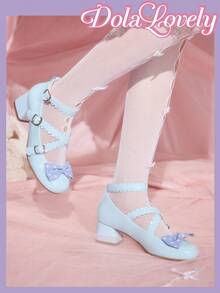 Dola Lovely 女士蝴蝶结玛丽珍鞋，圆头扣带粗跟浅口鞋，时尚百搭白色鞋子 - 淺藍色 - 查看 4