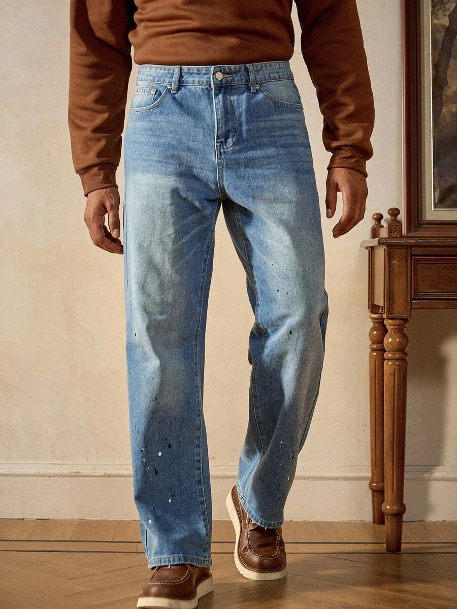 RivetRise Casual Straight-Leg Washed Blue Splatter Paint Artist Jeans, Suitable For Spring And Autumn - Blue - View 1
