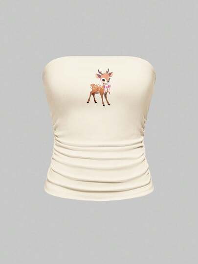 Fairycore Cute Strapless Sexy Innocent Deer Bow Heart Pink Beige Y2K Backless Vintage Crop Top For Women
