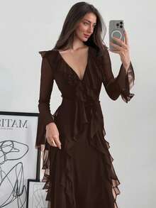 Aloruh Black Knit Mesh Deep V-Neck Long Sleeve Ruffle Hem Dress,Wedding Guest Dress Women