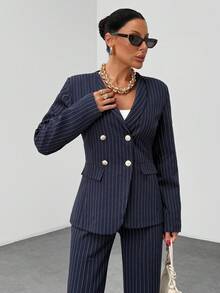 EURMUSE Striped Suit Set, Gold Details Blazer & Flared Fit Pants - Navy Blue - View 6