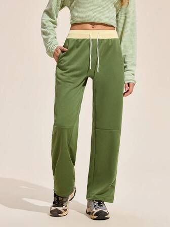 Exploreva Lässige, vielseitige Sporthose mit Kordelzug in Kontrastfarbe und weitem Bein, Jogginghose für Damen, Jogginghose für Damen, hoch taillierte Sporthose für Damen, S, Athleisure