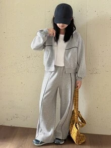 DAZY 两件套少女连帽针织抓绒卫衣裤套装，秋冬季 - 灰色 - 查看 3