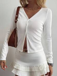 Livesso Women's Solid Color Minimalist Long Sleeve V-Neck Fitted T-Shirt, Suitable For Everyday Wear In Autumn All White 2 Piece Set - White - View 5