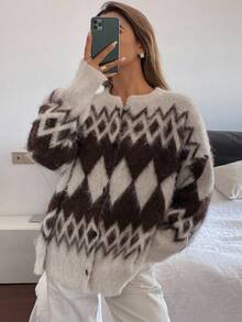 Livesso 女士宽松商务休闲几何图案撞色加厚针织开衫，适合秋冬季办公室穿着，新年、圣诞节等场合。 - 棕色 - 查看 2