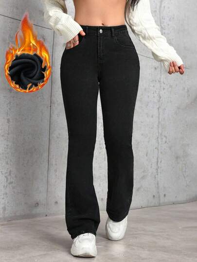 SHEIN PETITE Jeans de mezclilla sencillos y cálidos para uso diario de mujer