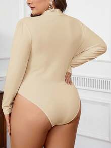 SHEIN Privé Plus Size Women Elegant Ruched Shoulder Casual Bodysuit, Slim Fit Long Sleeve, Suitable For Commuting And Outdoor Wear, Autumn/Winter