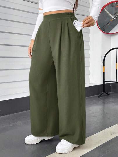 SHEIN Essnce Pantalones anchos de cintura elástica negros básicos y cómodos de talla grande para mujer, ropa de otoño e invierno, para ir a casa, dinero viejo, salir, pantalones curvos, atuendos de mujer, pantalones de otoño