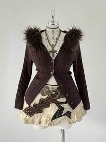 Sunspun Áo len cardigan thời trang màu trơn có khóa kéo cỡ lớn cho nữ - Cà phê nâu - Xem 1