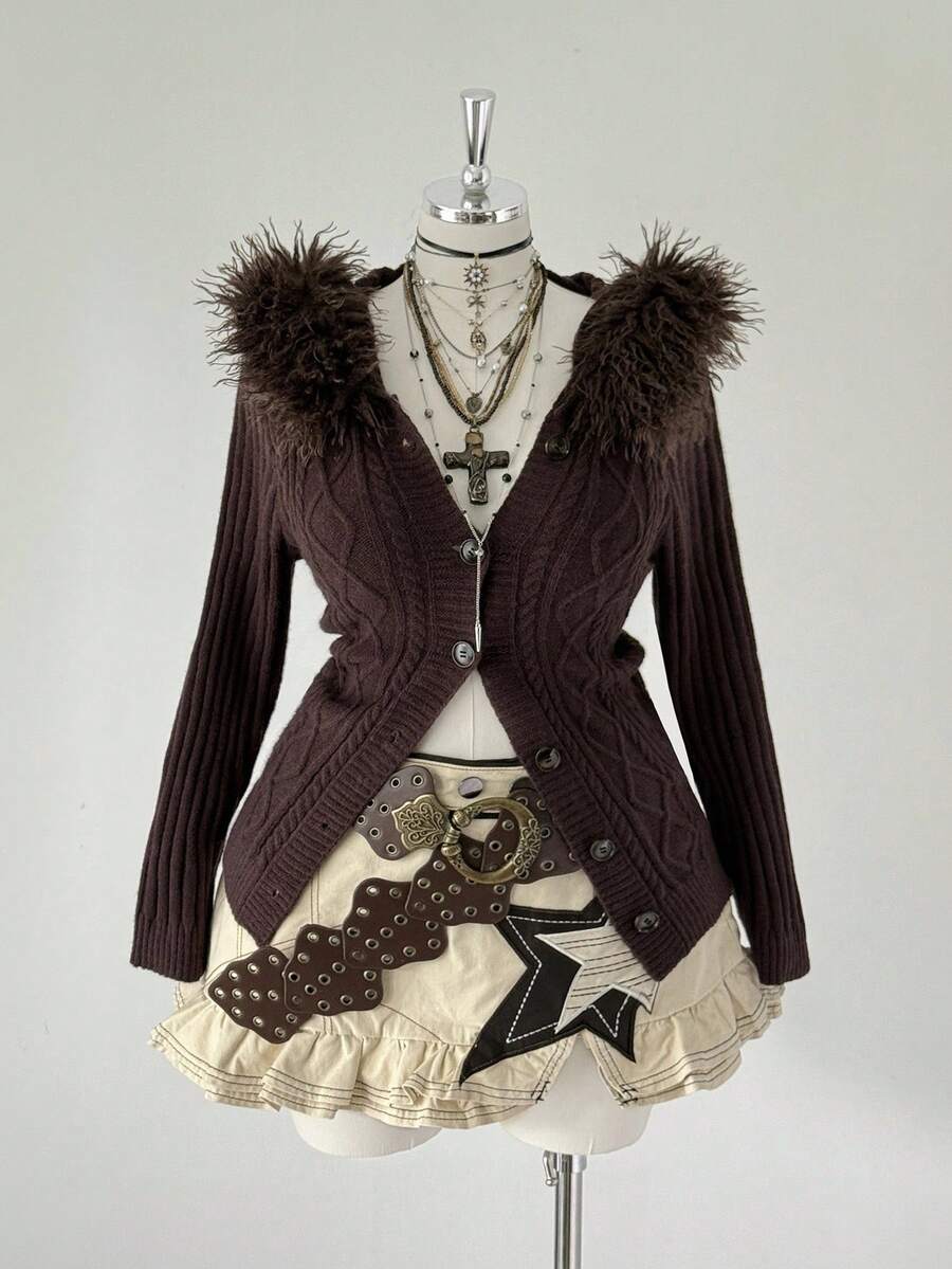 Sunspun Áo len cardigan thời trang màu trơn có khóa kéo cỡ lớn cho nữ - Cà phê nâu - Xem 1