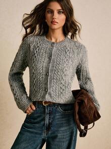 Poéselle Women's Grey Cable Knit Button Up Cardigan Sweater,Cozy Chunky Vintage Y2K Style Long Sleeve Top,Solid Color Casual Autumn Work Wear Front Closure - Grey - View 7