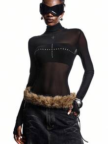 LYSMO 2025 New Arrive Minimalism Fall Winter Women's Turtleneck Long Sleeve Mesh Fitted Sexy T-Shirt Black Mesh Top Black See Through Top Mesh Top Long Sleeve Mesh Tops For Women Black Rhinestone Top,Black Tops