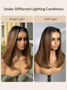 Bye Bye Knots 7x5 Lace Brown With Blonde Piano Highlights Straight Bob Wig With Dark Roots Glueless Bob Wigs 100% Human Hair Ready To Wear Pre Cut Pre Bleached Pre-Pluck Transparent Lace With Drawstring - S1/27 - View 7