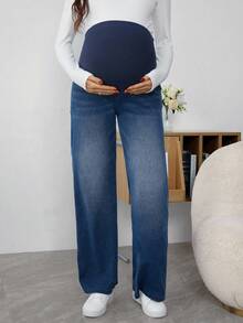 SHEIN 可调节腰部宽腿宽松孕妇牛仔裤 - 深色水洗藍 - 查看 3