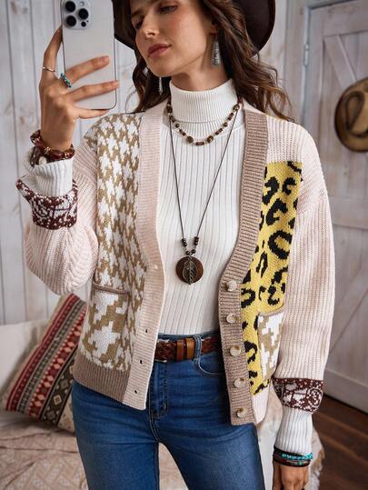 LanaWest Women's Retro Color Block Western Bohemian Leopard Print Jacquard V-Neck Cardigan Sweater
