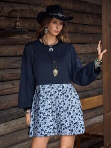 Vestido de sudadera casual de cuello redondo 2 en 1 con estampado de patchwork suelto para mujer de LanaWest