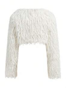 Y2Kool 女士短款仿皮草长袖外套，适合秋冬季节、派对、上学、休闲、朋克Y2K风格。皮草上衣短款外套，皮草外套搭配灵感，图案外套搭配灵感，时尚服装系列，新年穿搭。 - 米色 - 查看 2