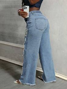 Slaydiva Plus Size Women Cowgirl Style Blue Denim Straight Leg Jeans With Patches, Distressed Hem, Non-Stretch, Spring - Light Wash - View 2