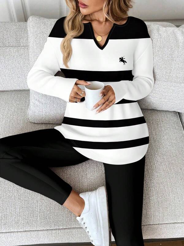 EMERY ROSE Conjunto de 2 piezas de top con cuello con muesca y pantalones a rayas para mujer de talla grande