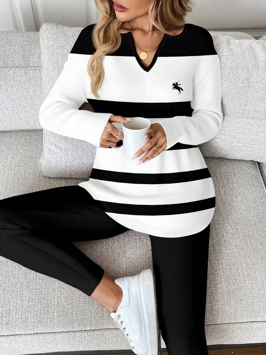 SHEIN LUNE Set de 2 piezas de camiseta de manga larga y leggings para mujer, en color blanco y negro a rayas, para otoño/invierno