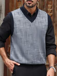 Manfinity Homme Men's Contrast Color V-Neck Casual Knit Sweater Vest, Autumn/Winter, Old Money - Grey - View 5