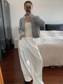 DAZY 女式撞色条纹拼布二合一休闲开衫 - 灰色 - 查看 3