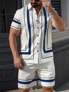 Manfinity Homme 男士撞色条纹短袖纽扣前休闲衬衫，夏季 - 彩色 - 查看 4