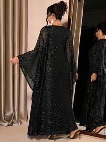 Cravure 大码女式奢华无袖背心外套，高端设计，闪粉，修身拉长效果，两件套，适合宴会、聚会和派对 - 黑色 - 查看 2